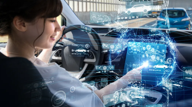 3D visual of a women setting up driverless vehicle settings on the cars touch screen.
